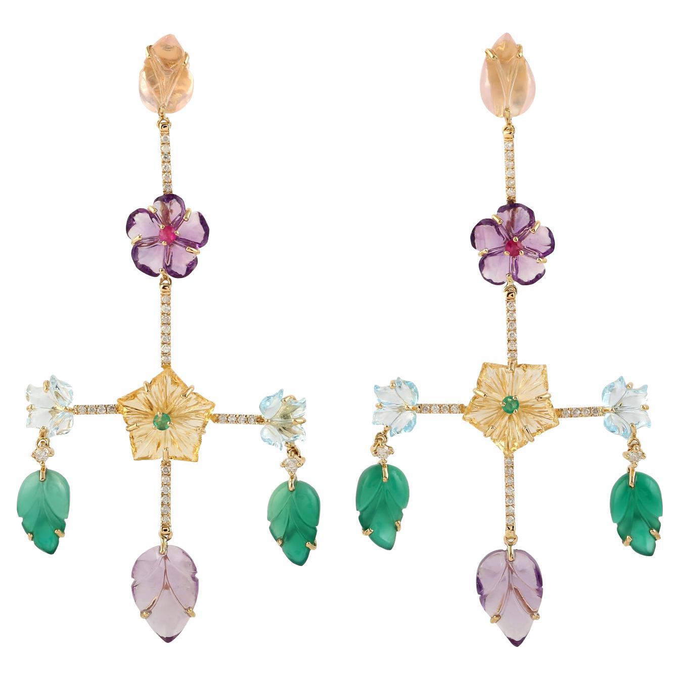 Carved Multi Gemstone 14 Karat Gold Flower Diamond Chandelier Earrings For Sale