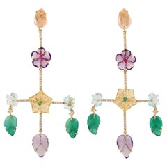 Carved Multi Gemstone 14 Karat Gold Flower Diamond Chandelier Earrings
