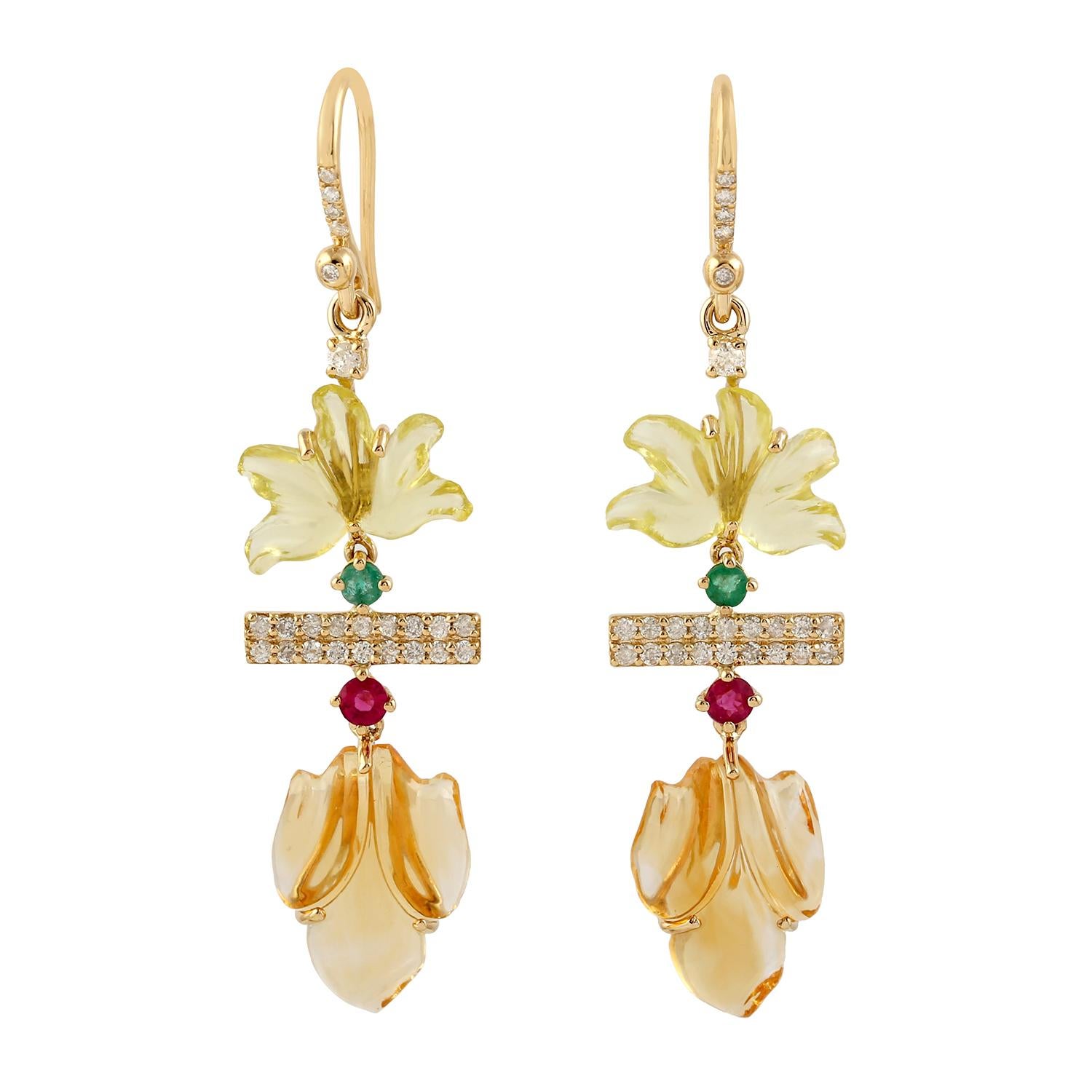 Cast in 18-karat gold. These beautiful earrings are set with 12.2 carats of carved multi gemstone, emerald, citrine, ruby and .41 carats of sparkling diamonds.  See other flower collection matching pieces.

FOLLOW  MEGHNA JEWELS storefront to view