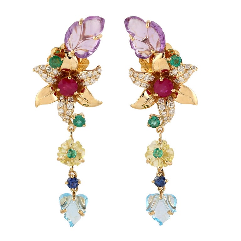 Carved Multi Gemstone 18 Karat Gold Flower Diamond Earrings For Sale at ...