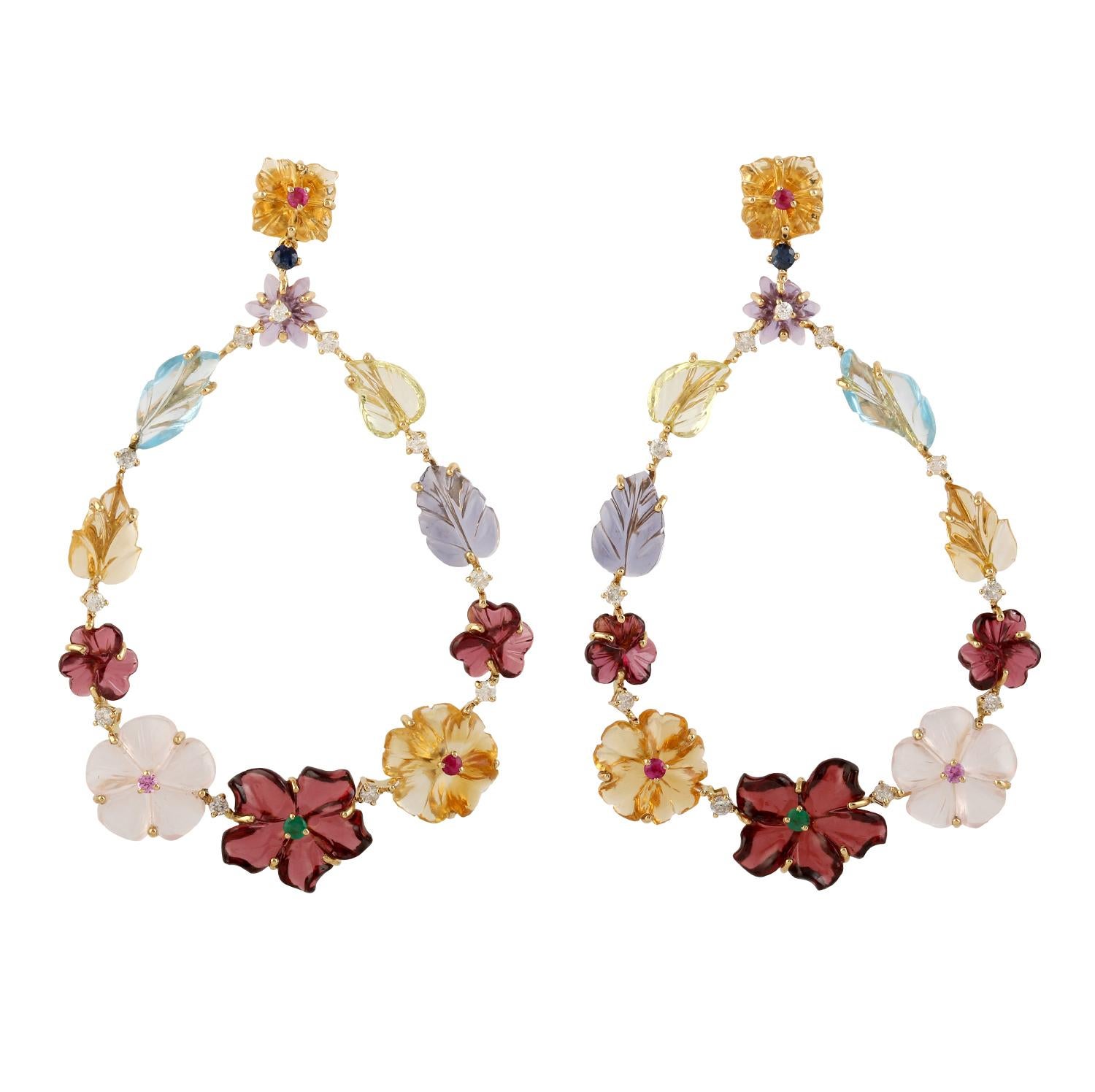 Modern Carved Multi Gemstone 18 Karat Gold Flower Diamond Earrings For Sale
