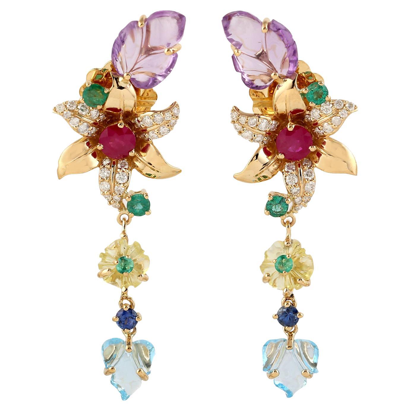 Carved Multi Gemstone 18 Karat Gold Flower Diamond Earrings For Sale