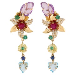 Carved Multi Gemstone 18 Karat Gold Flower Diamond Earrings