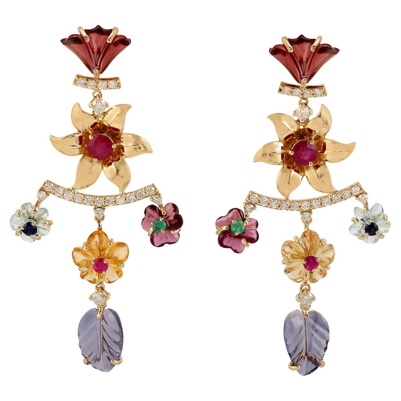 Carved Multi Gemstone 14 Karat Gold Flower Diamond Earrings For Sale