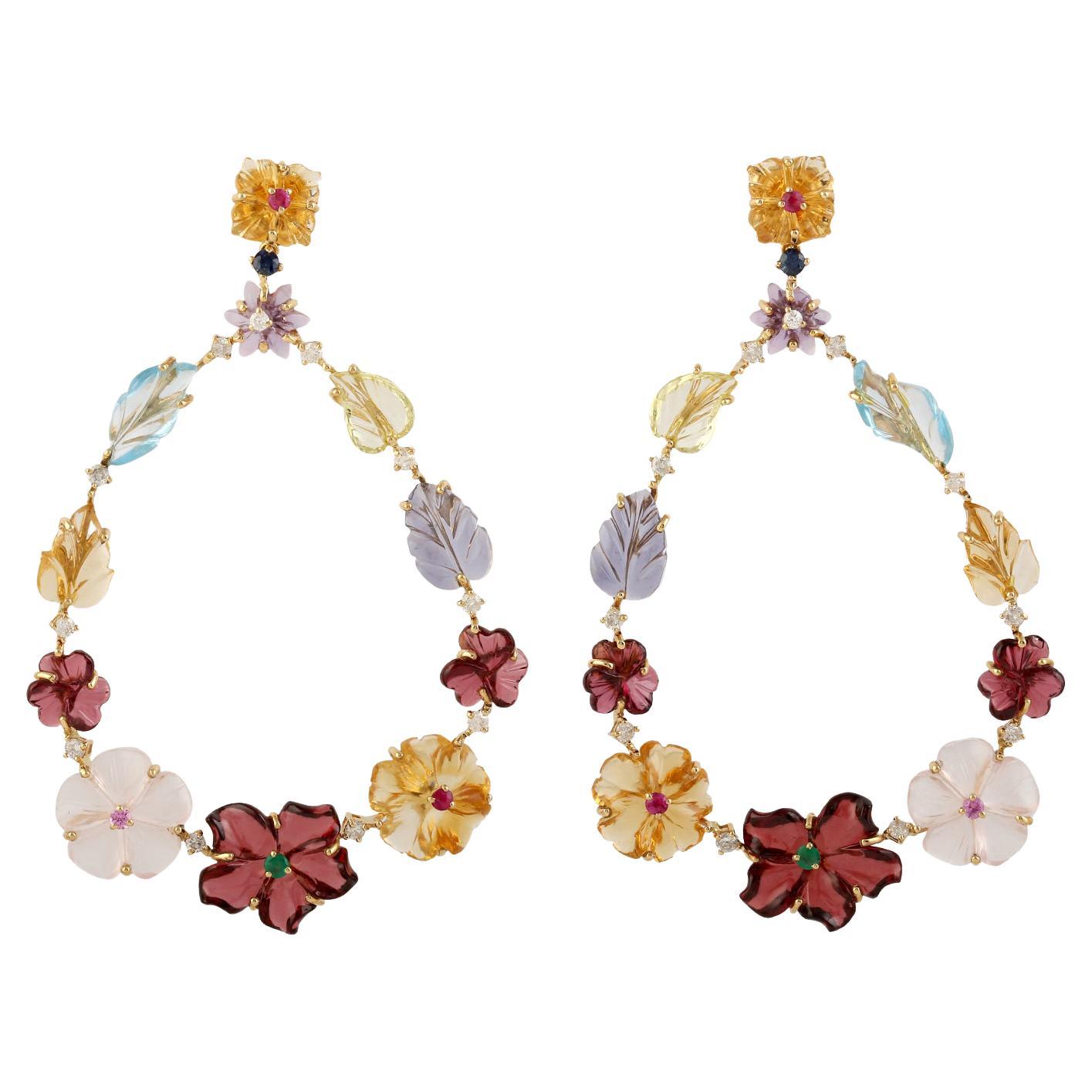 Carved Multi Gemstone 18 Karat Gold Flower Diamond Earrings For Sale