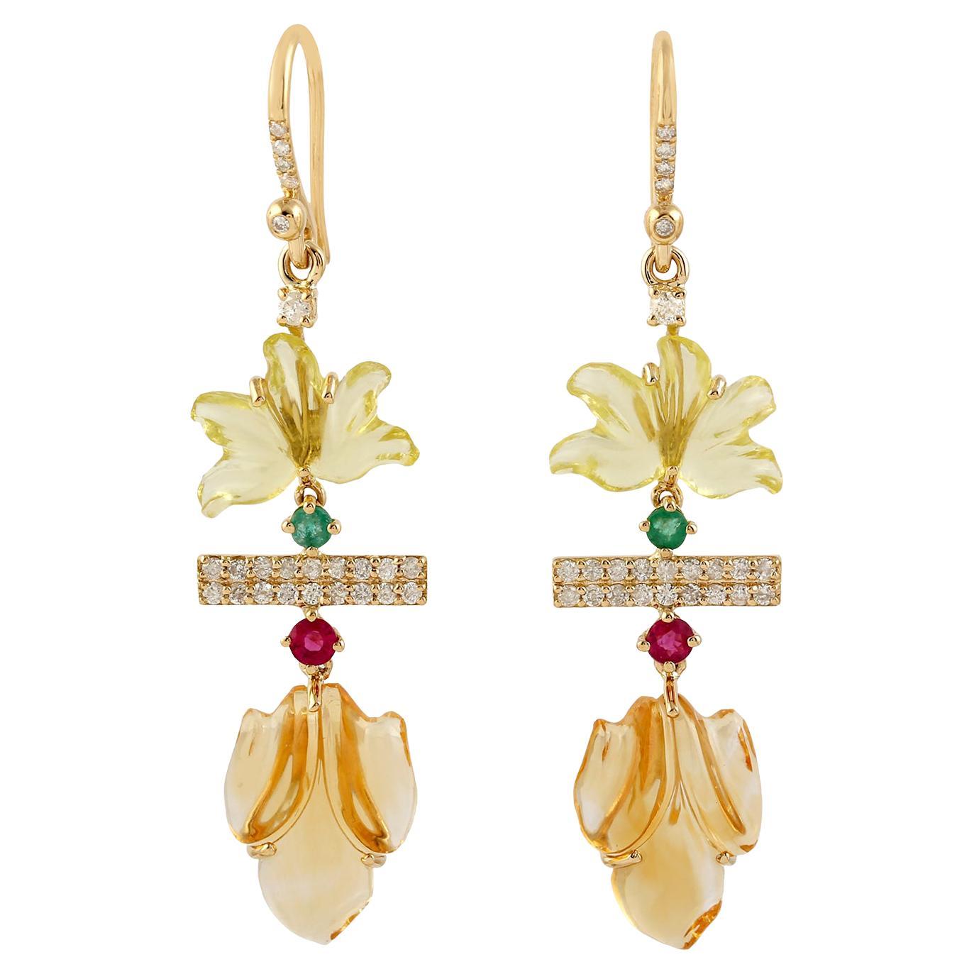 Carved Multi Gemstone 18 Karat Gold Flower Diamond Earrings For Sale