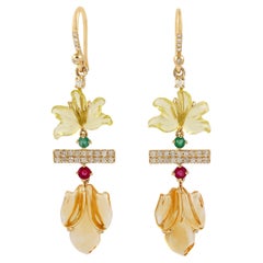 Carved Multi Gemstone 18 Karat Gold Flower Diamond Earrings