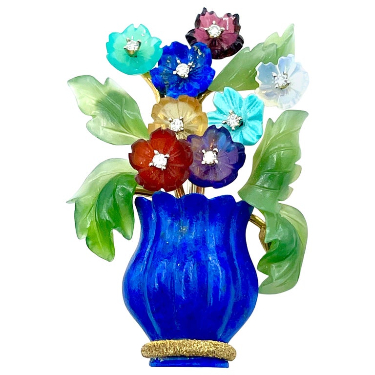 Carved Multi Gemstone and 18 Karat Yellow Gold Flower Pot Brooch at 1stDibs