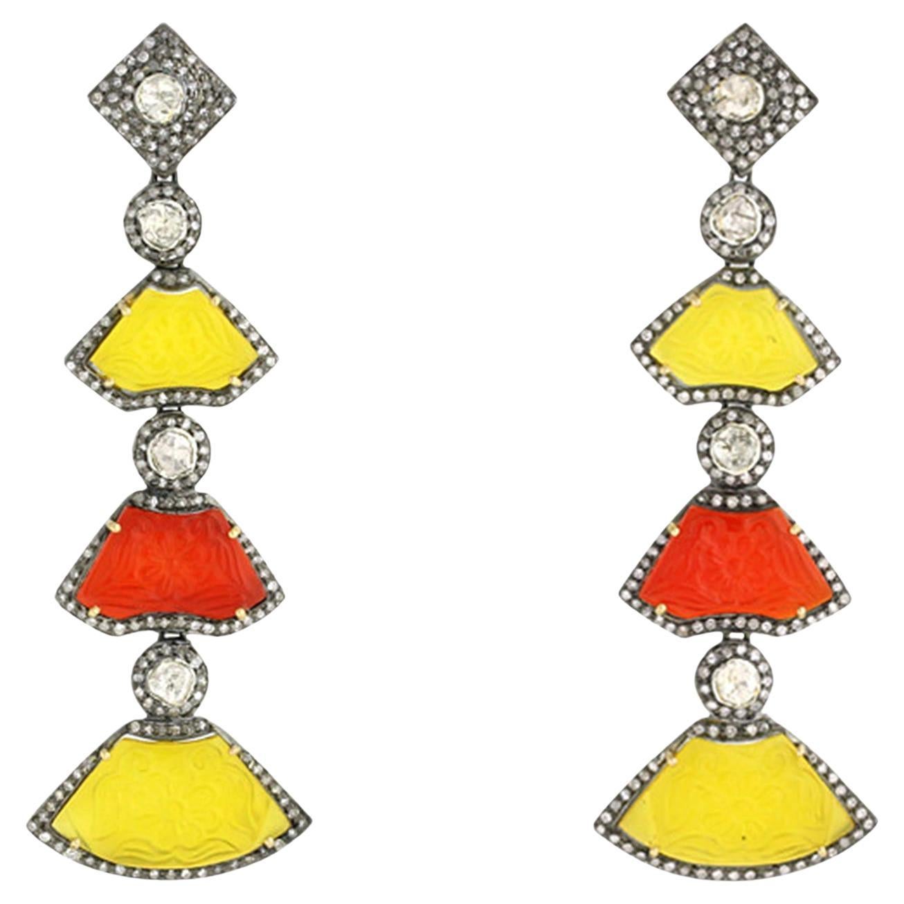 Carved Multicolor Agate Multitier Dangle Earrings With Pave Diamonds For Sale
