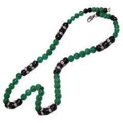Carved Multicolor Onyx Ball Beaded Necklace with Diamonds Spacer