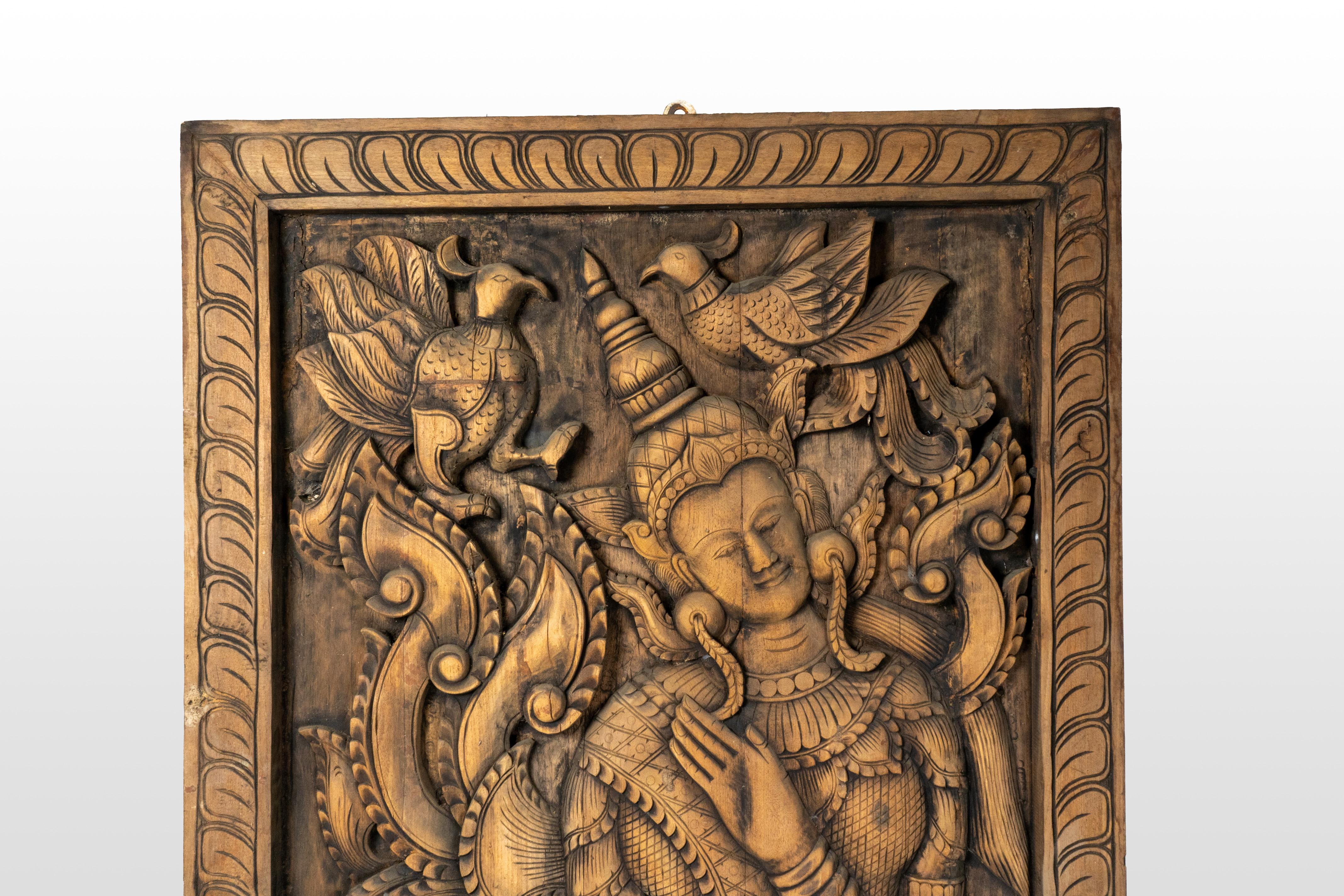 Thai Carved Mural Panel Depicting A Burmese Apsara For Sale