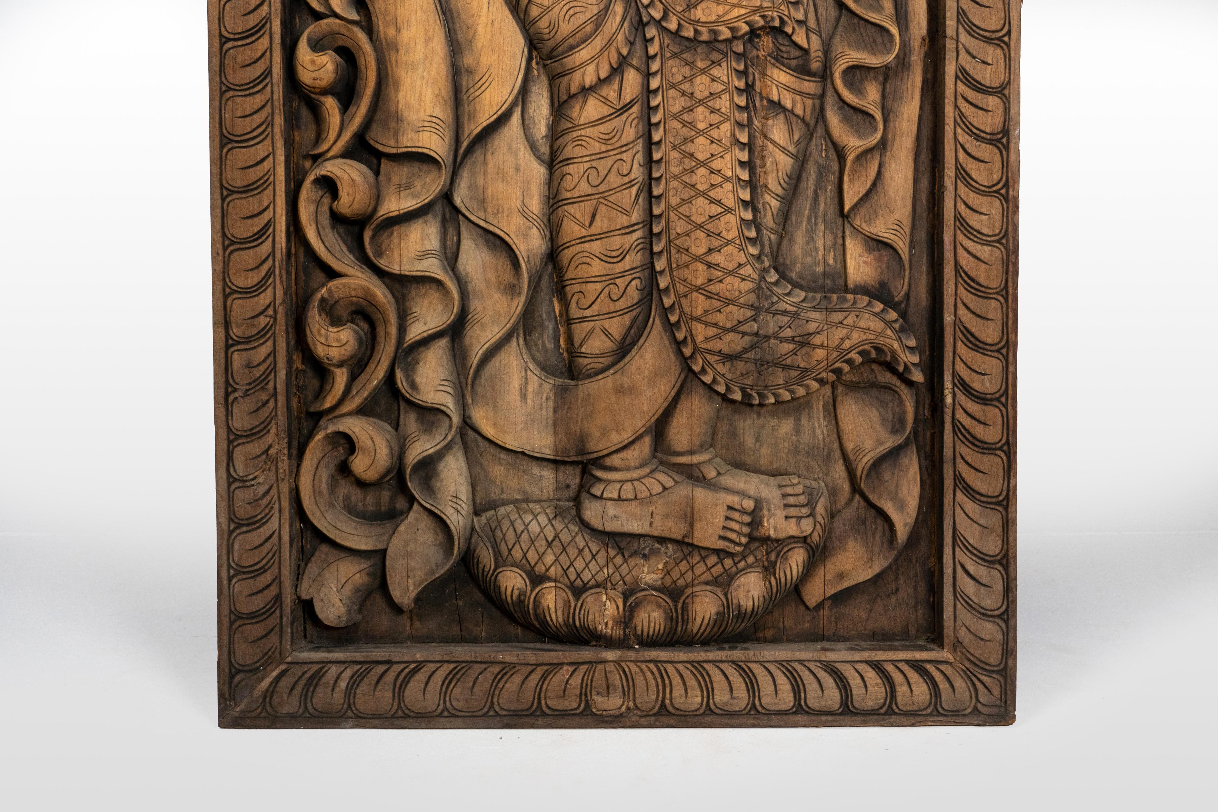 Hand-Carved Carved Mural Panel Depicting A Burmese Apsara For Sale