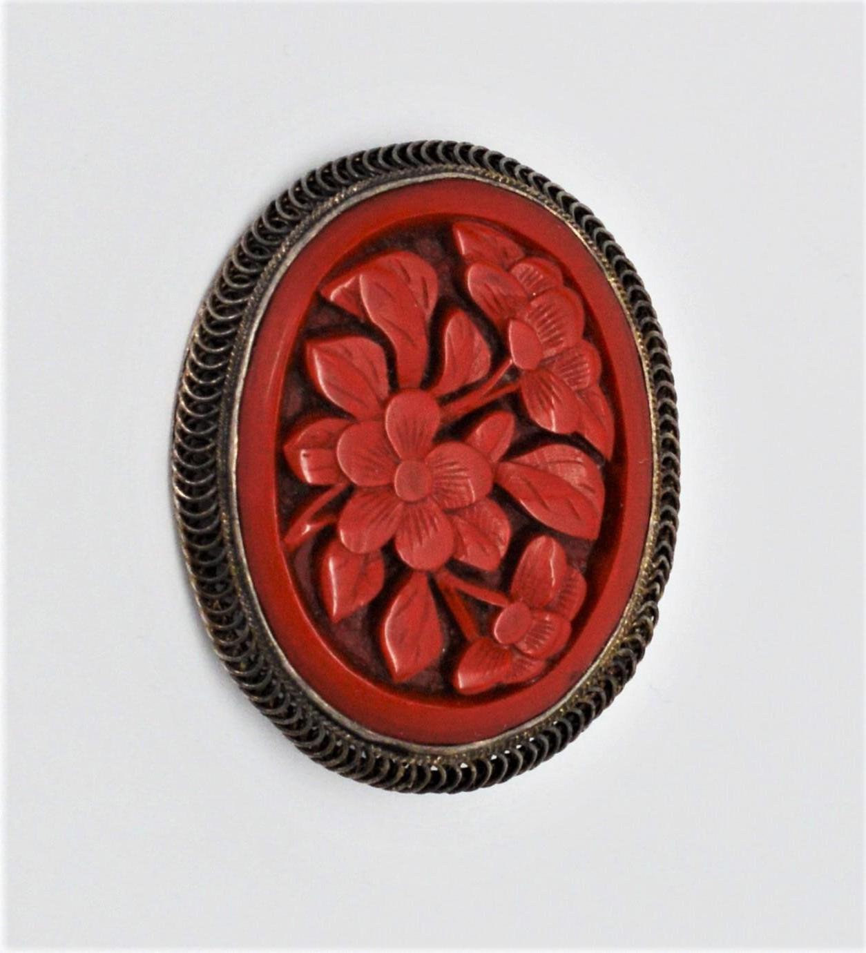 Carved Natural Coral Antique Brooch Pin In Good Condition In Mount Kisco, NY