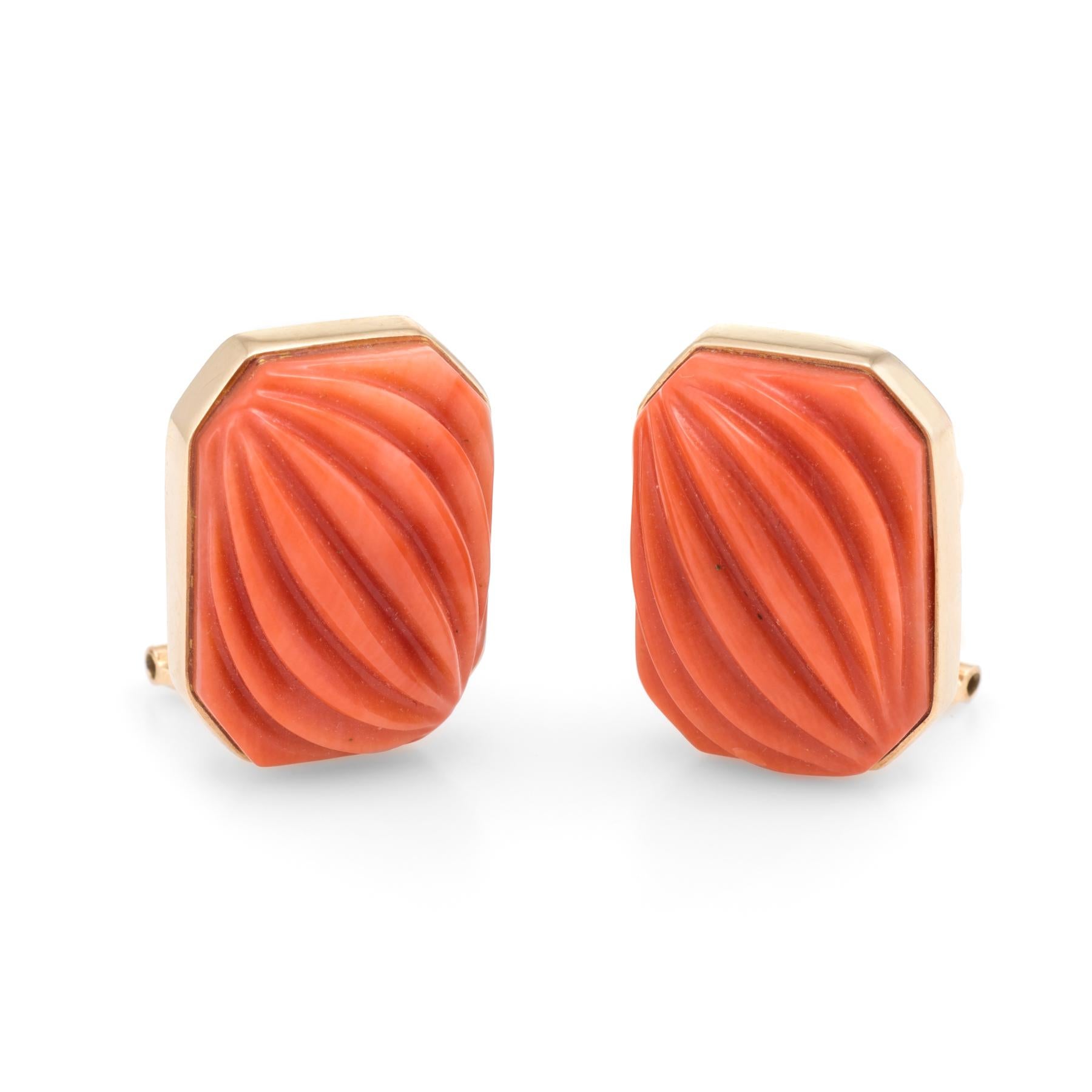 Modern Carved Natural Coral Square Earrings Vintage 14 Karat Yellow Gold Estate Jewelry