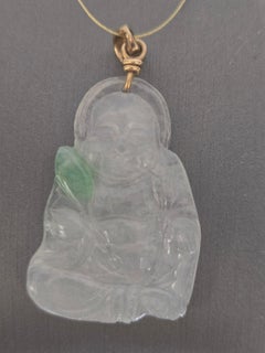 Carved Natural Icy Jadeite Jade Laughing Buddha Milefo Pendant
