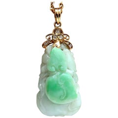 Carved Natural Jade Diamond Necklace 14 Karat Gold Flower