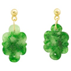 Carved Natural Jadeite Jade 18 Karat Yellow Gold Dangle Earrings Intini Jewels