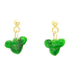 Carved Natural Jadeite Jade 18K Yellow Gold Dangle Drop Earrings Intini Jewels