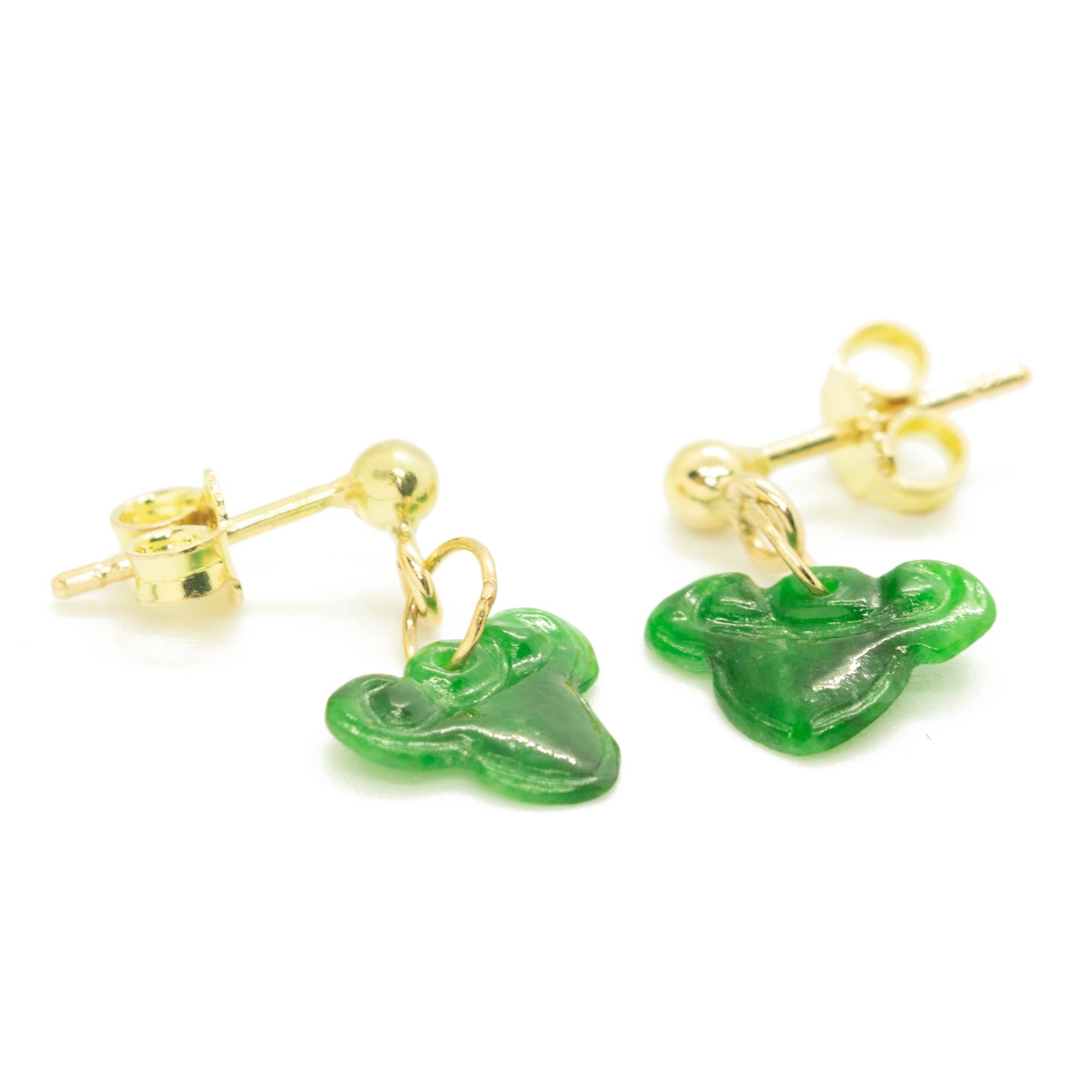 Women's or Men's Carved Natural Jadeite Jade 18K Yellow Gold Dangle Drop Earrings Intini Jewels For Sale