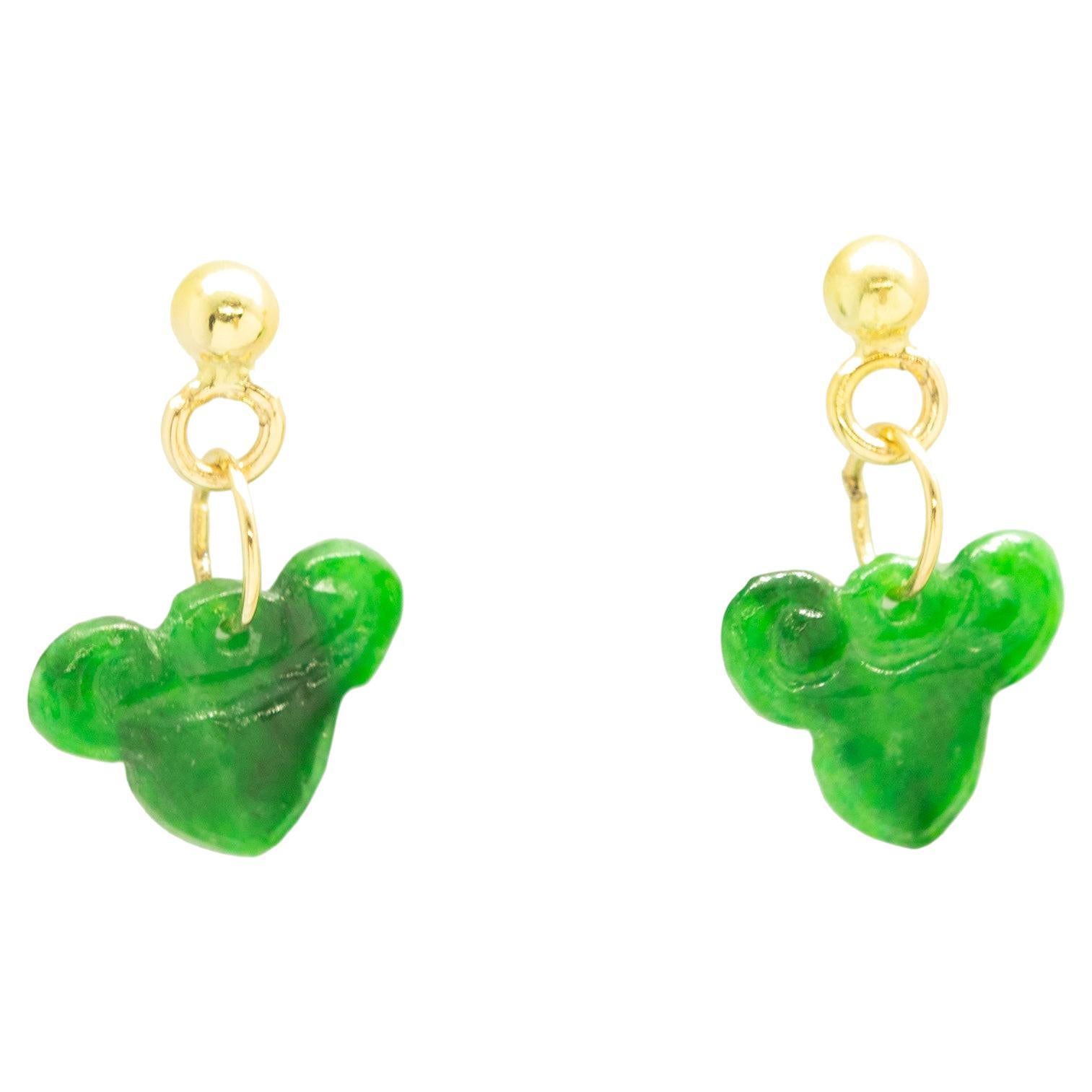 Carved Natural Jadeite Jade 18K Yellow Gold Dangle Drop Earrings Intini Jewels For Sale