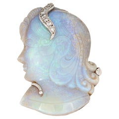 Carved Natural Opal Pendant Portrait of a Woman Diamond 14k White Gold Estate
