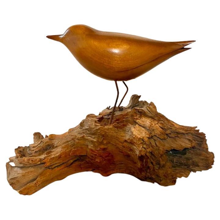 Carved Natural Plover by Pat Gardner, Nantucket, circa 1970, a carved wooden plump plover in natural wood finish, with wire legs, mounted on a driftwood base. This style is well known on Nantucket and is typically unsigned, but unmistakably Pat's