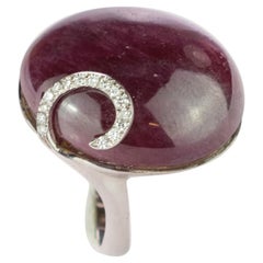 Carved Natural Ruby Cabochon Diamond Hook 18 Karat Gold Deco Intini Jewels Ring
