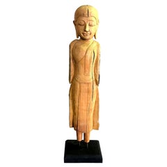 Carved Natural Wood Standing Thai Temple Shrine Buddha on Display Stand