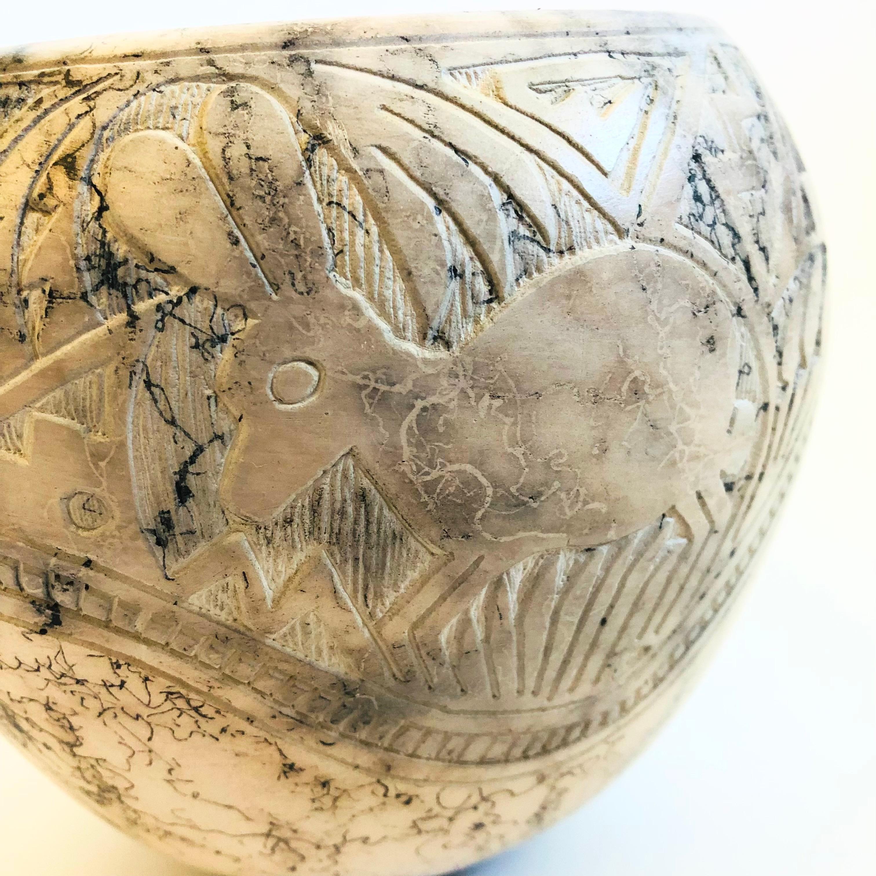Native American Carved Navajo Horse Hair Pottery Vase by Sally Garcia