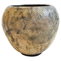 Carved Navajo Horse Hair Pottery Vase by Sally Garcia