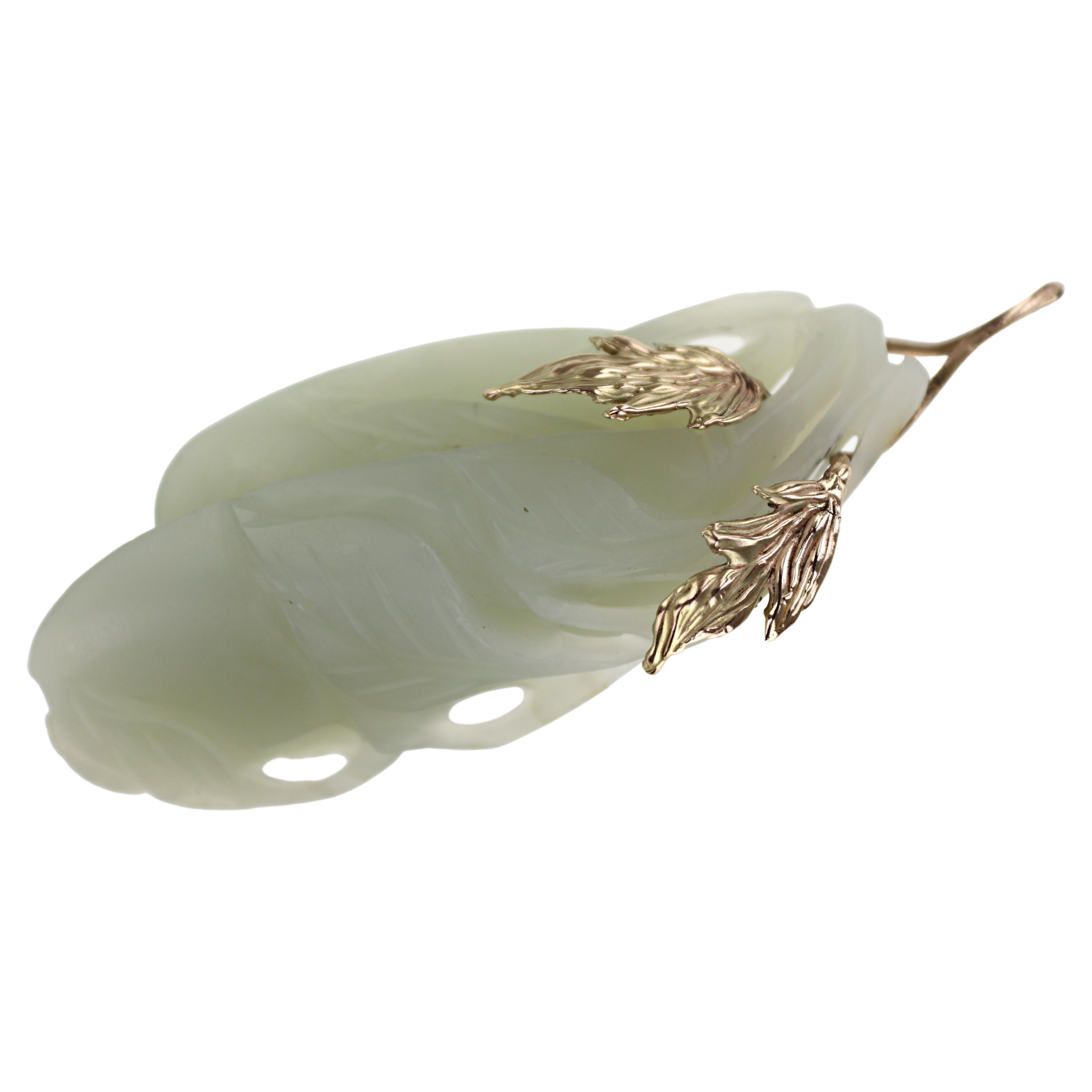 Carved Nephrite Jade, 14K Yellow Gold Pendant For Sale