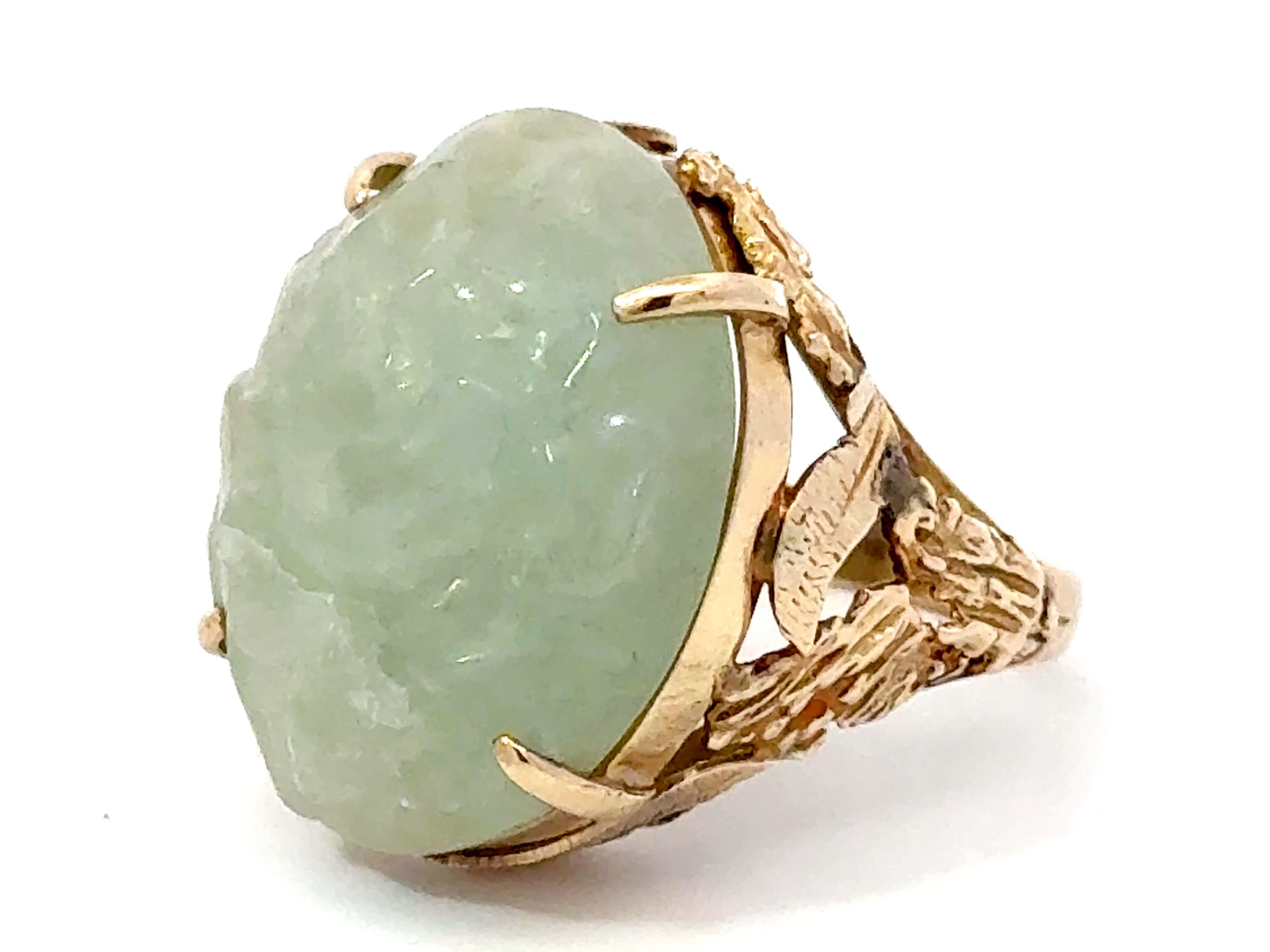 Oval Cut Carved Nephrite Jade Ring 14K Yellow Gold For Sale