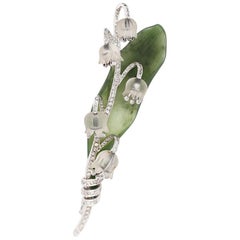 Vintage Carved Nephrite Lily of the Valley Diamonds White Gold Pin Brooch, 1930
