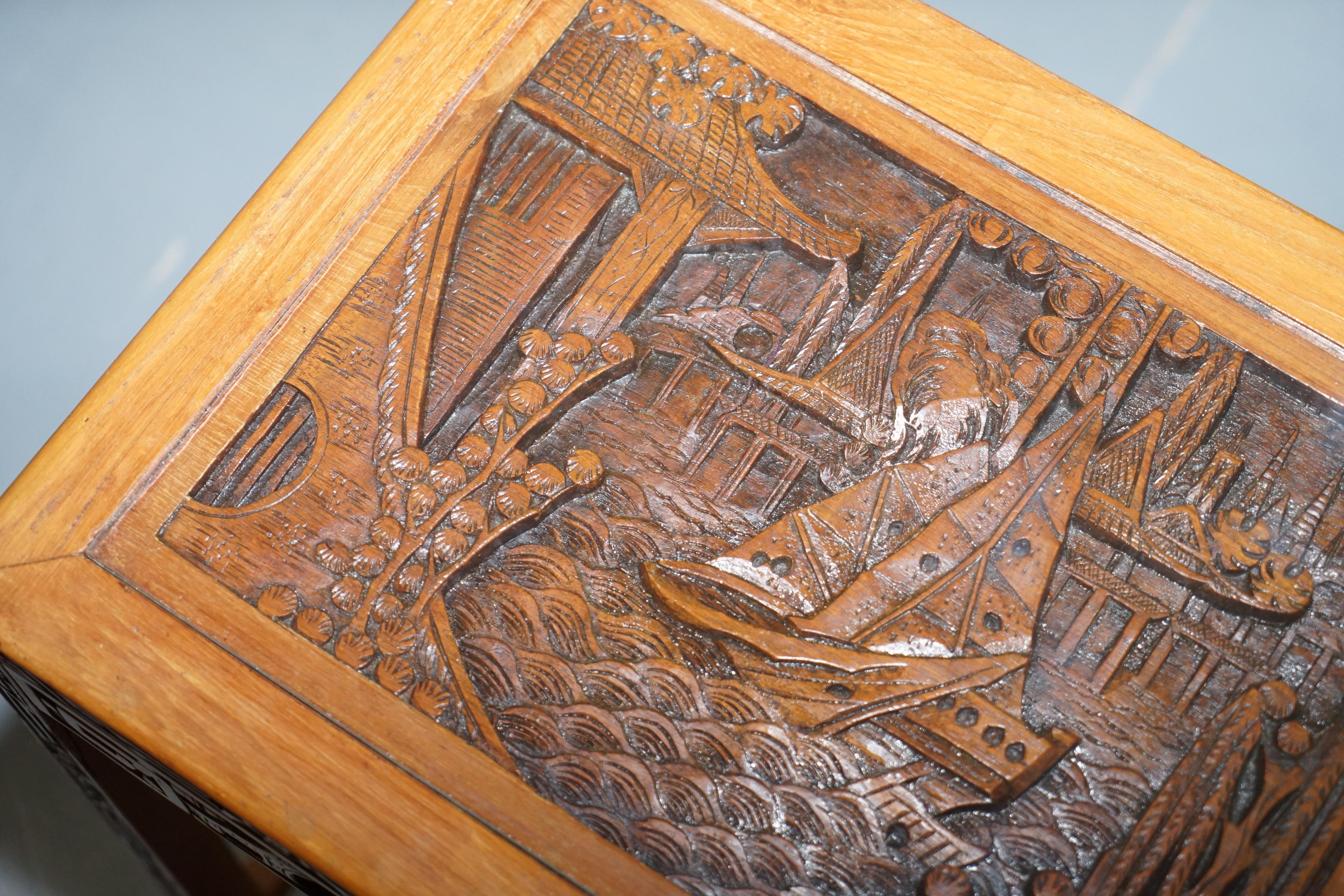 Carved Nest of Chinese Tables Depicting Scenes of Noblemen Dragon Boat Flowers For Sale 1