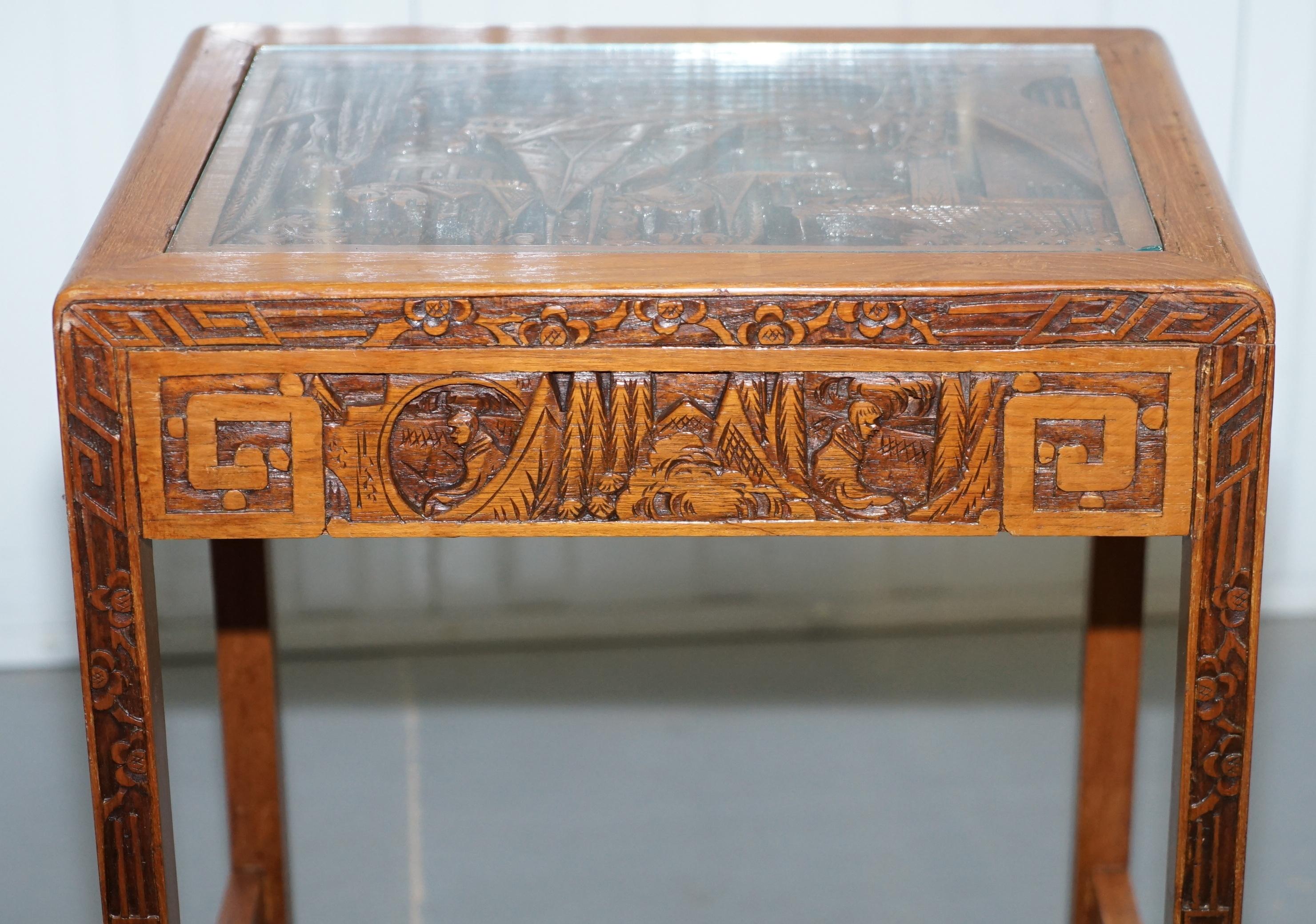 Carved Nest of Chinese Tables Depicting Scenes of Noblemen Dragon Boat Flowers For Sale 4