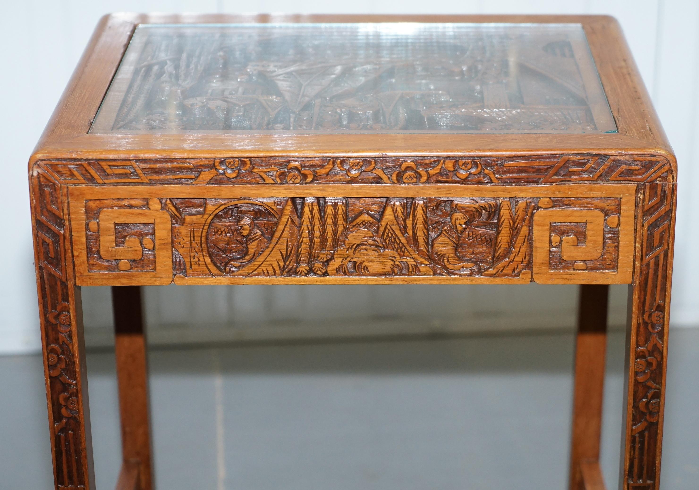 Carved Nest of Chinese Tables Depicting Scenes of Noblemen Dragon Boat Flowers For Sale 3