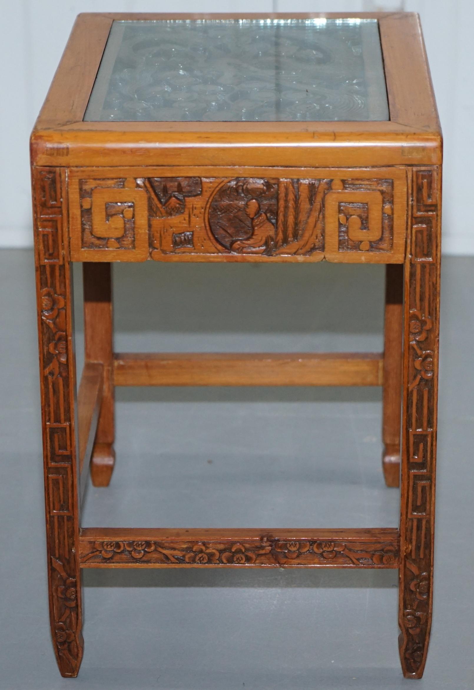 Carved Nest of Chinese Tables Depicting Scenes of Noblemen Dragon Boat Flowers For Sale 5
