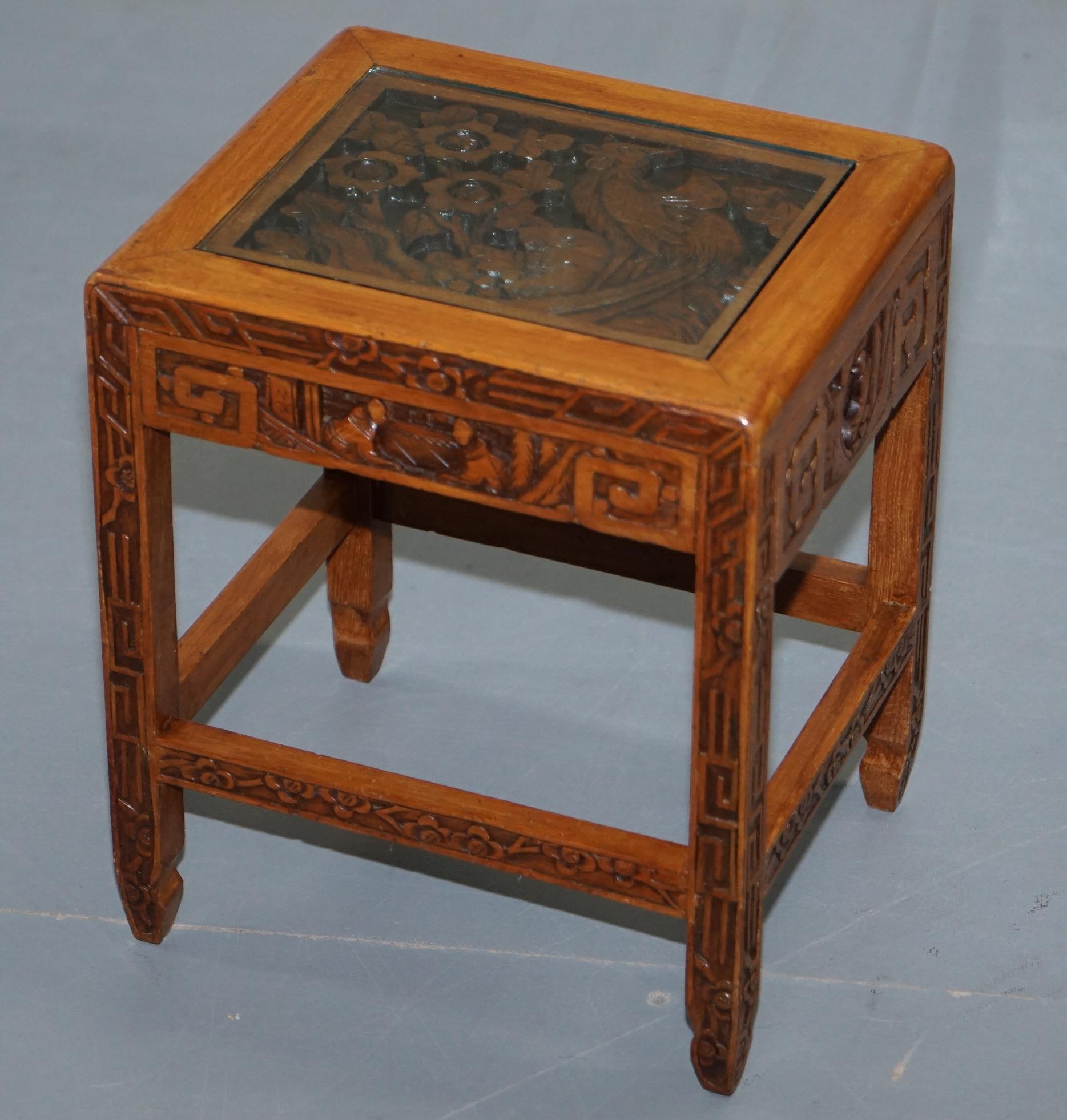 Carved Nest of Chinese Tables Depicting Scenes of Noblemen Dragon Boat Flowers For Sale 5