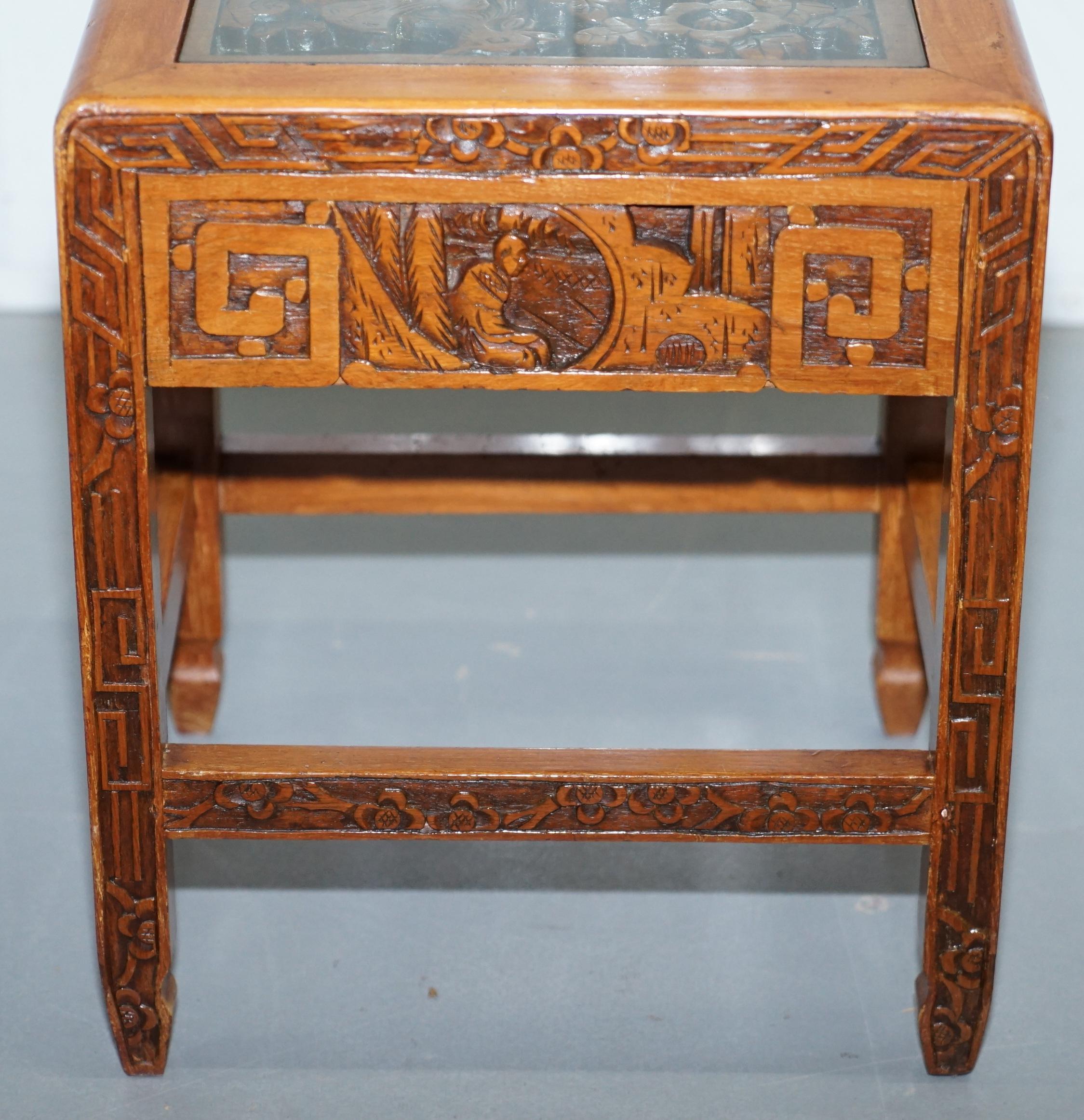Carved Nest of Chinese Tables Depicting Scenes of Noblemen Dragon Boat Flowers For Sale 9