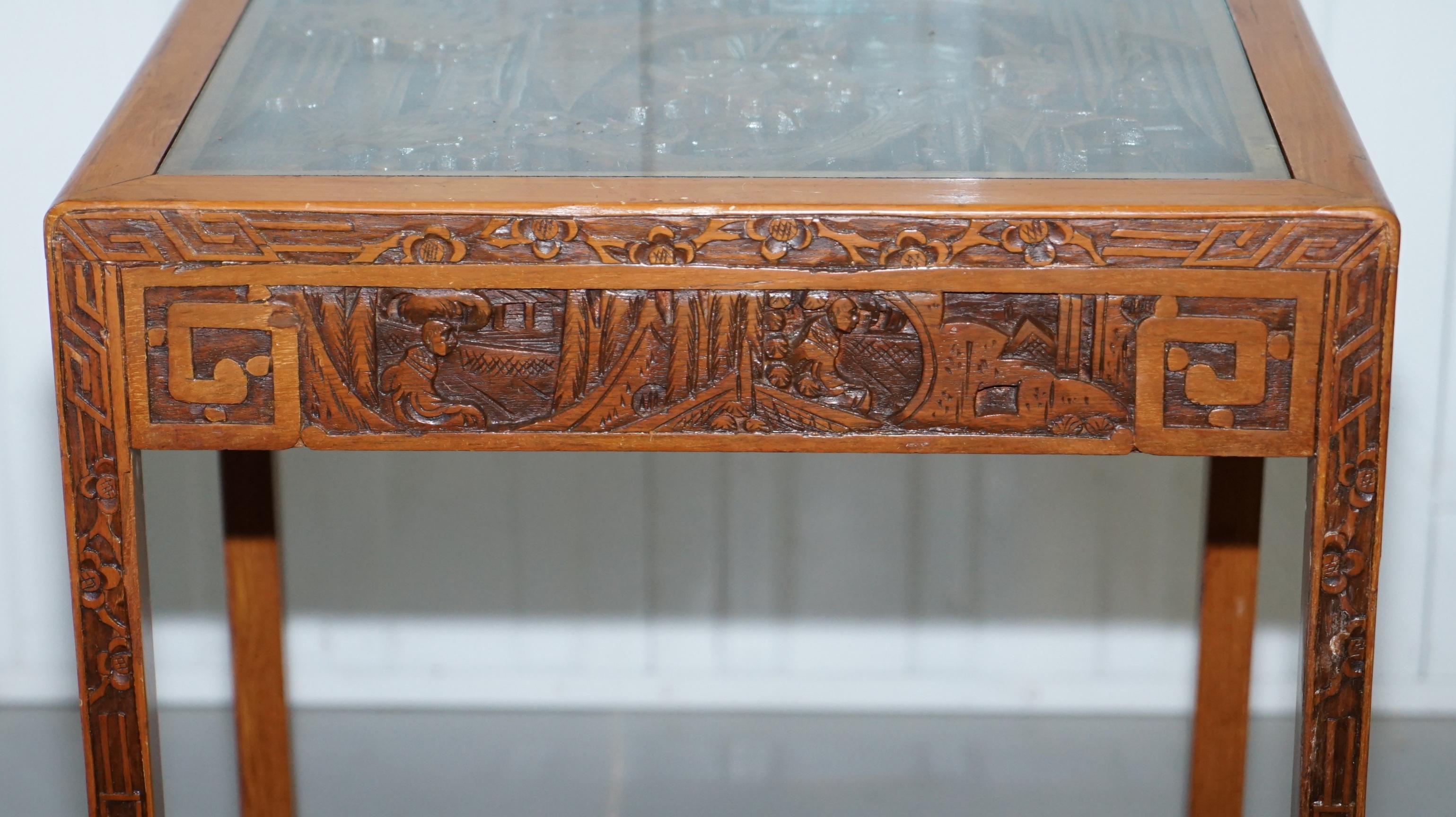 Chinese Export Carved Nest of Chinese Tables Depicting Scenes of Noblemen Dragon Boat Flowers For Sale