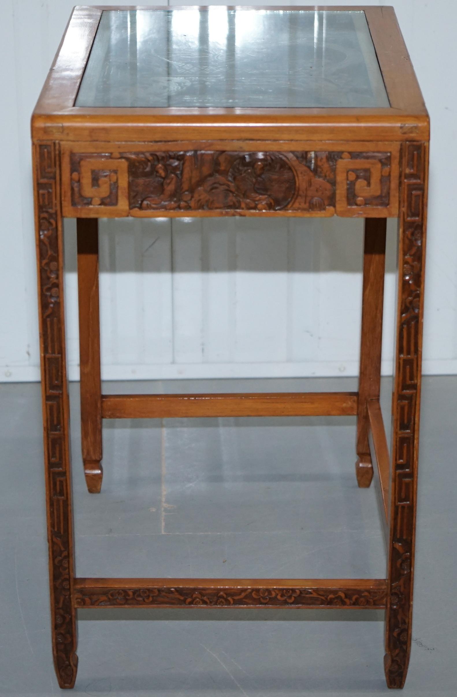 20th Century Carved Nest of Chinese Tables Depicting Scenes of Noblemen Dragon Boat Flowers For Sale