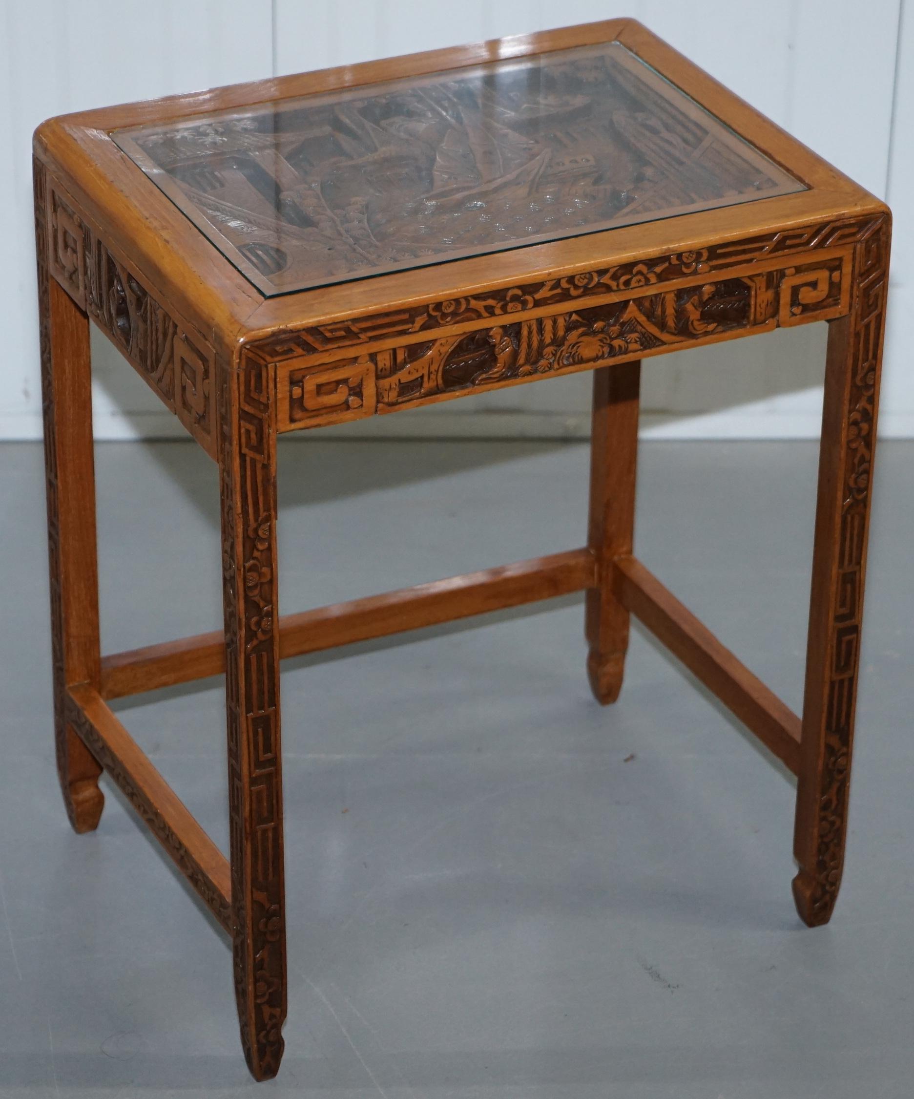 Glass Carved Nest of Chinese Tables Depicting Scenes of Noblemen Dragon Boat Flowers For Sale