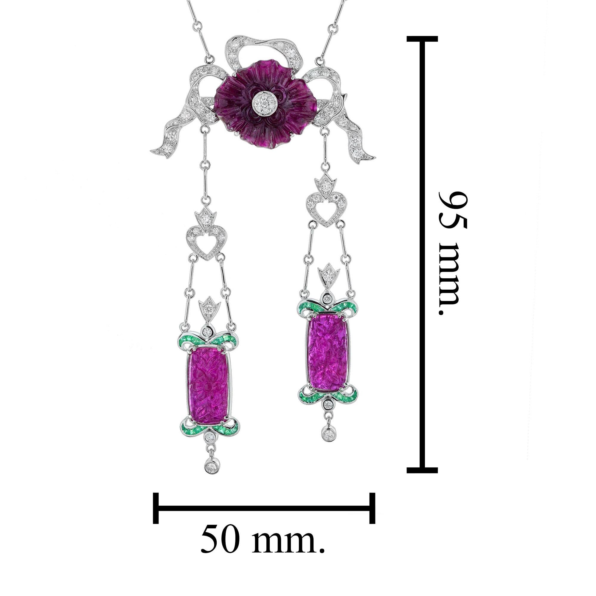 Collier en or blanc 18K, sculpté et non chauffé, rubis rose rouge, émeraude verte et diamant en vente 1