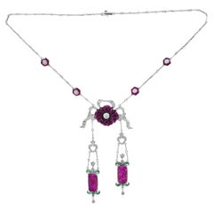 Carved No Heated Red Pink Ruby Green Emerald Diamond 18K White Gold Necklace