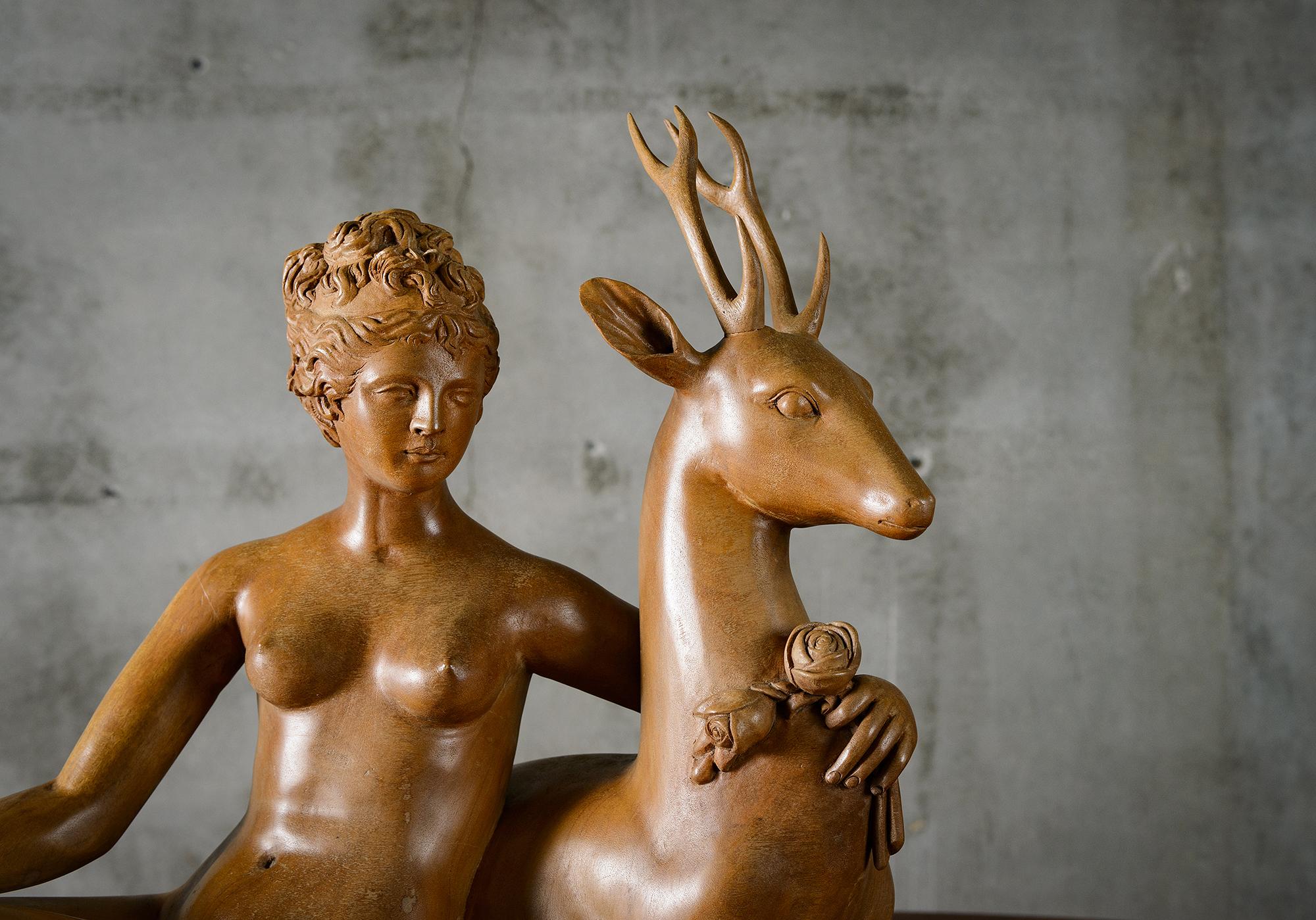 Carved Nude with Deer and Sheep In Good Condition For Sale In Los Angeles, CA