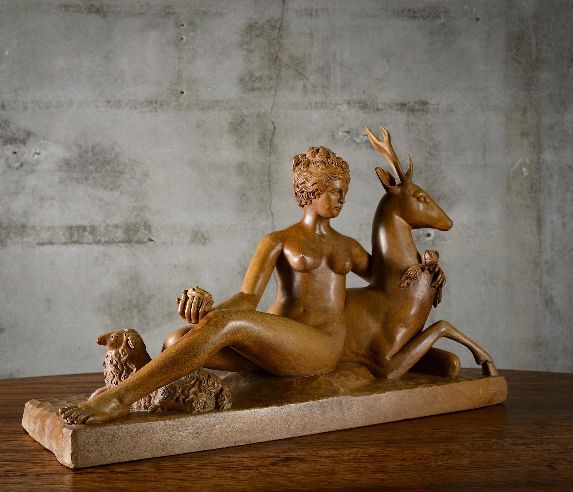 20th Century Carved Nude with Deer and Sheep For Sale