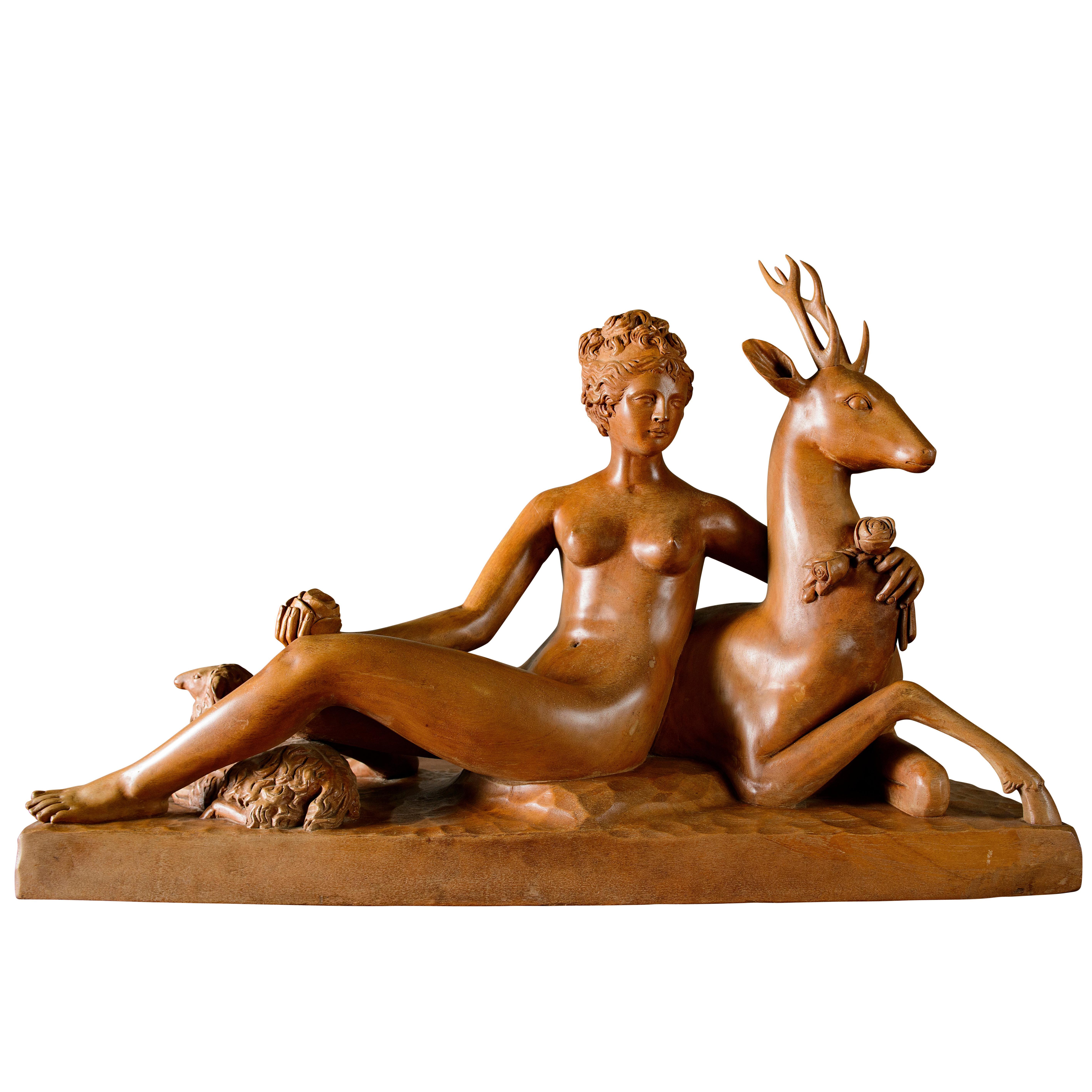 Carved Nude with Deer and Sheep For Sale