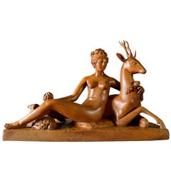 Vintage Carved Nude with Deer and Sheep