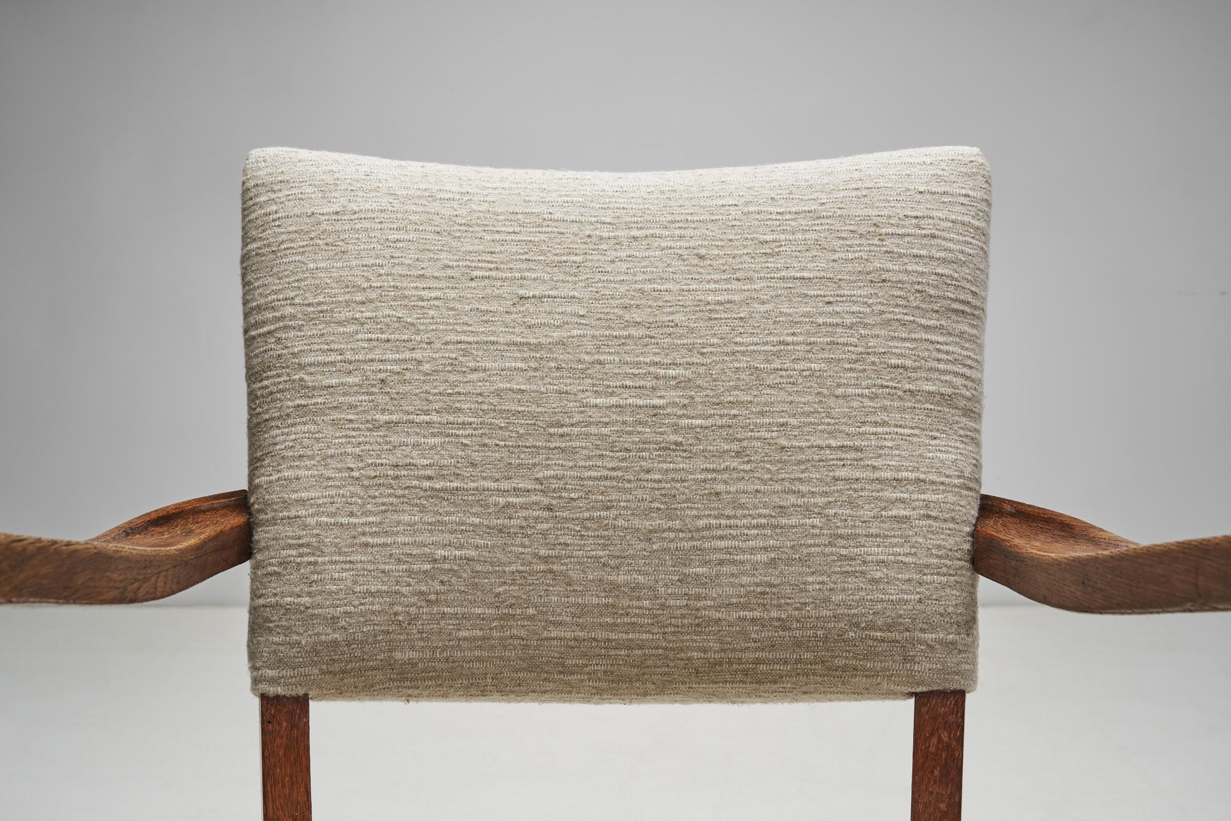 Fabric Carved Oak Accent Chair, Europe 1930s For Sale