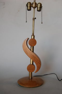 Carved Oak and Brass Biomorphic Modernist Table Lamp, Pair